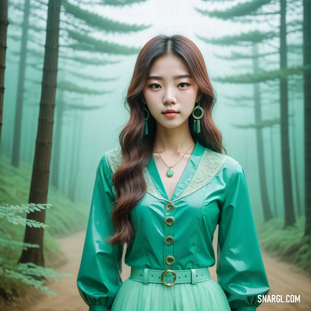 Woman in a green dress standing in a forest with trees and fog in the background. Color #008B8B.