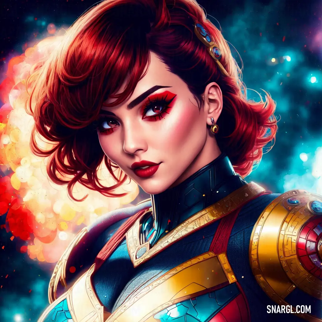 A woman in a sharp suit stands confidently in front of a galaxy of swirling stars and nebulae. Her red hair and bold red eyeliner complement the striking contrast with the infinite space behind her.