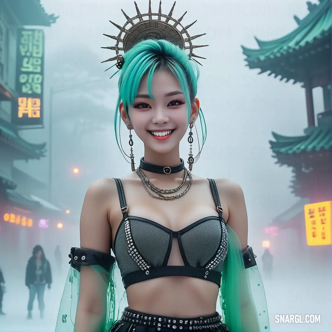 A woman with striking green hair stands confidently in a bustling city street, her bra top contrasting with the neon lights and Asian lanterns that illuminate the scene. The vibrant colors of the night add a bold edge to the urban backdrop.