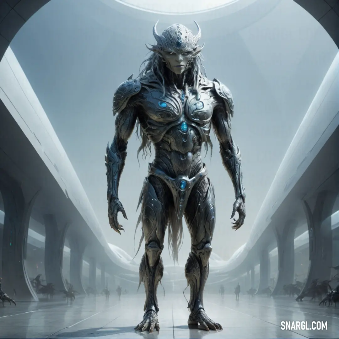 Futuristic man standing in a futuristic building with a huge head and a massive body of hair