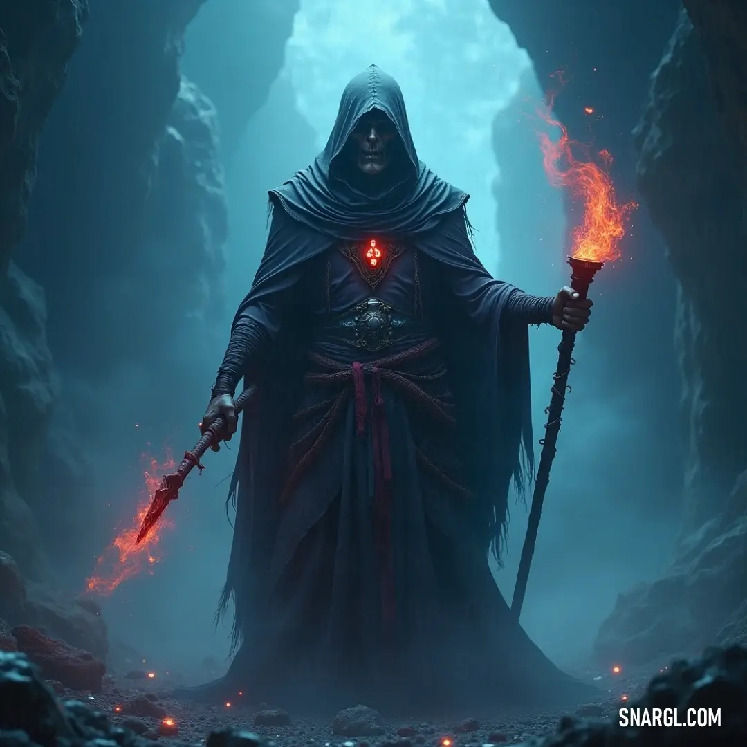 Within the hidden depths of a cave, a Dark Enchanter emanates an aura of power, holding a flickering fire stick, with the warm light reflecting off the stone walls and illuminating his face in a soft glow.