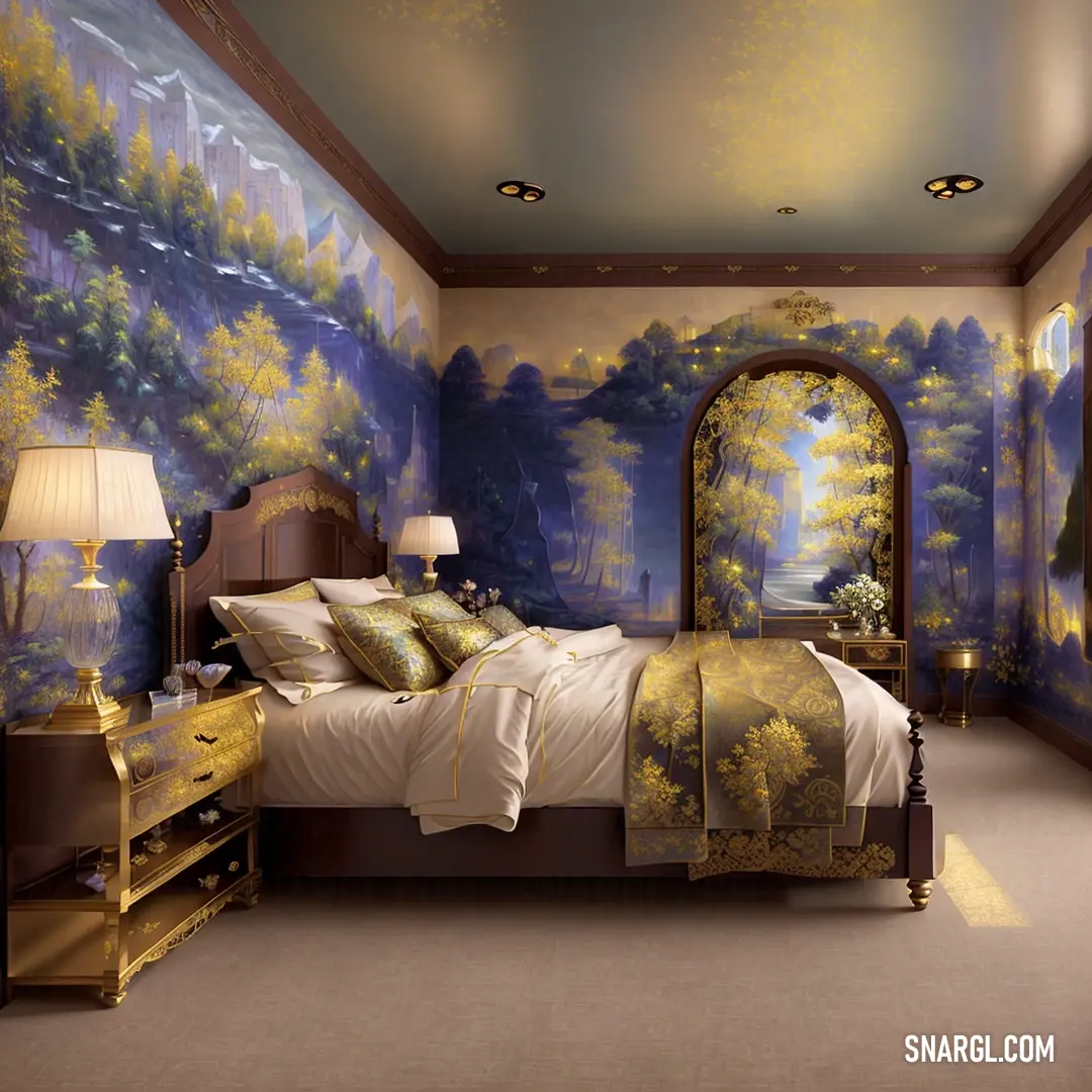 What color is CMYK 0,27,94,28? Example - Bedroom with a large bed and a painting on the wall behind it and a lamp on the nightstand
