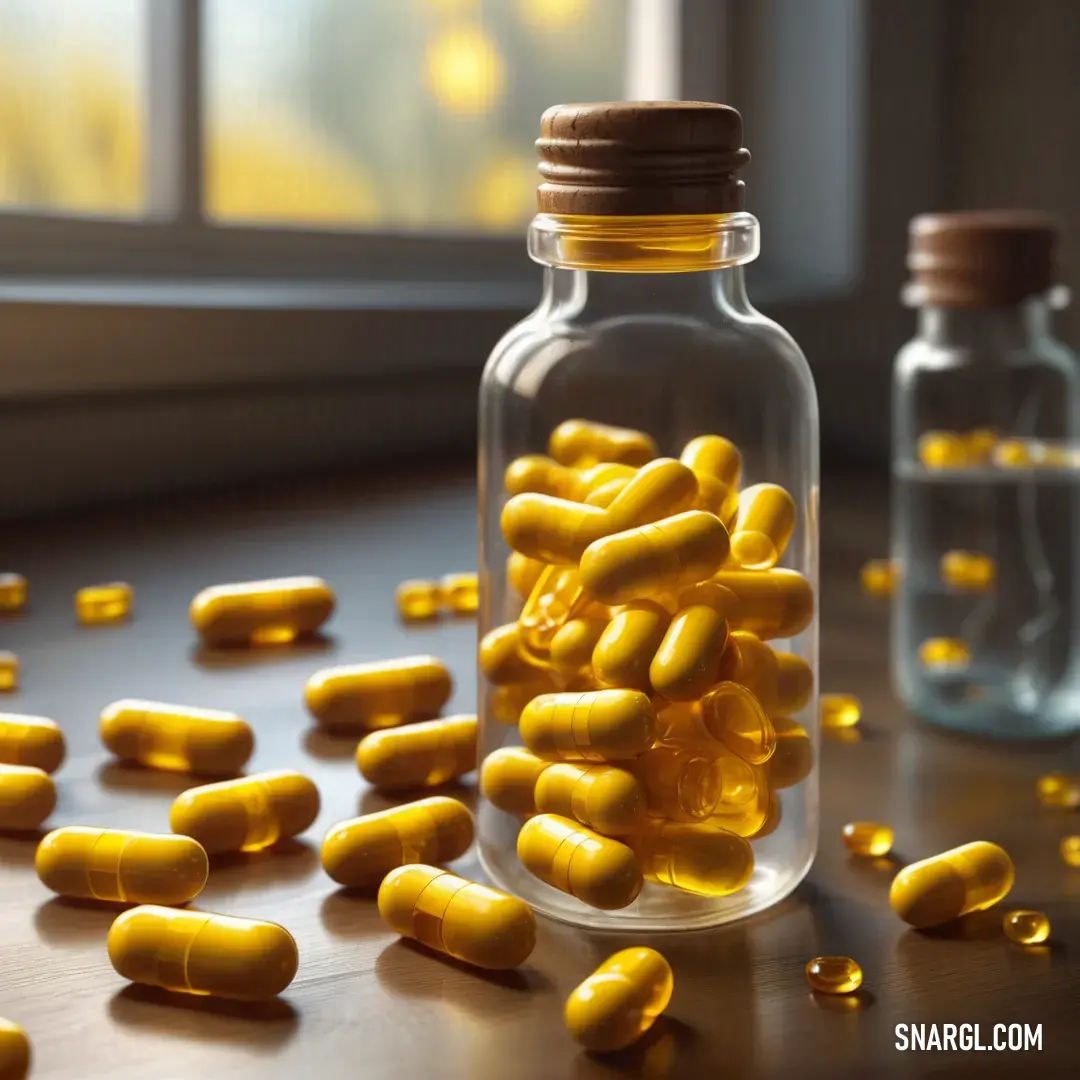 Bottle filled with yellow pills next to a window with a window sill in the background