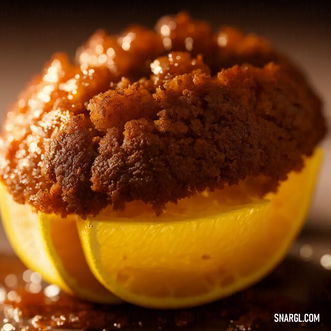 Dark goldenrod color. Close up of a muffin in a muffin cupcake on a table with a slice of lemon