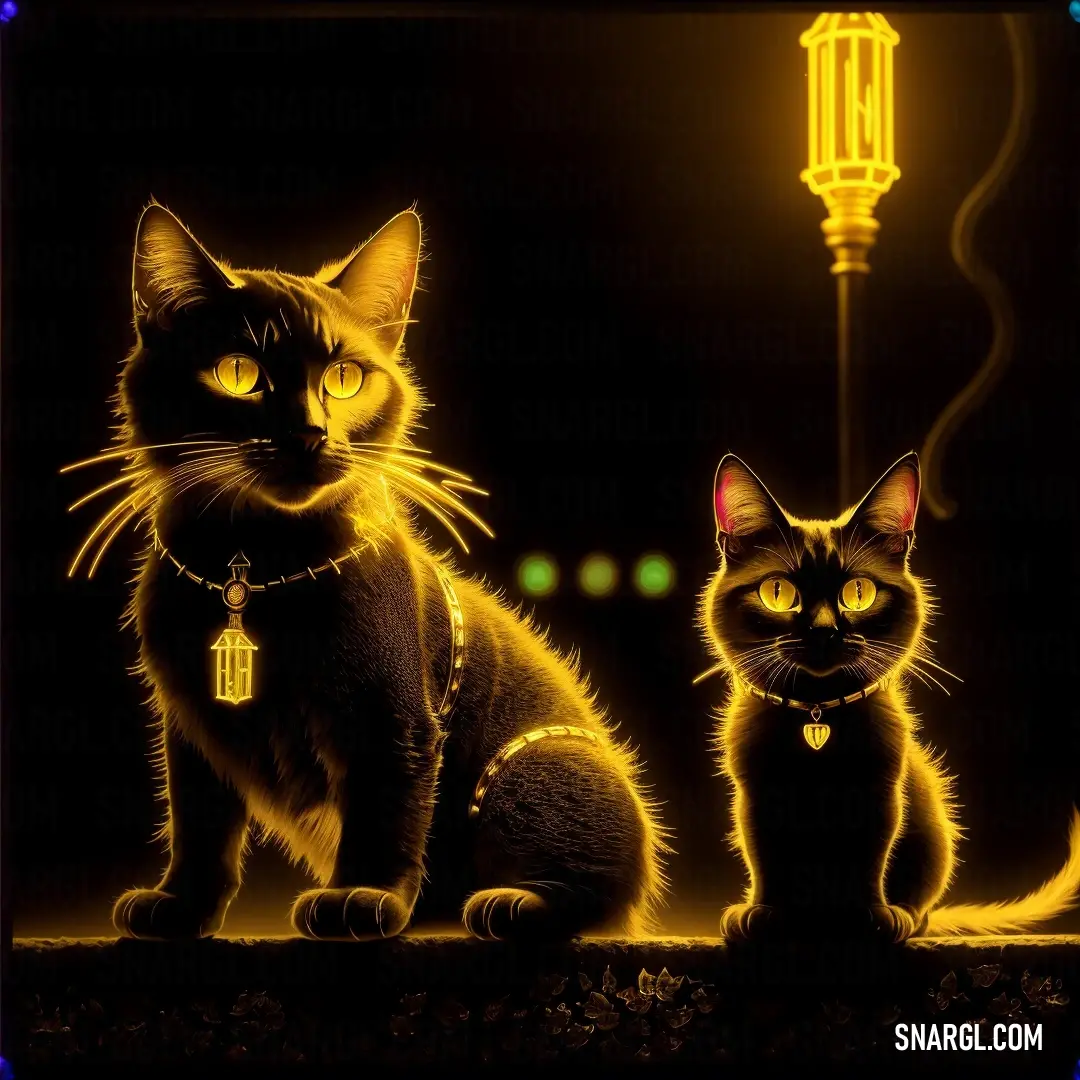 Couple of cats next to each other on a table next to a lamp post with a light on it