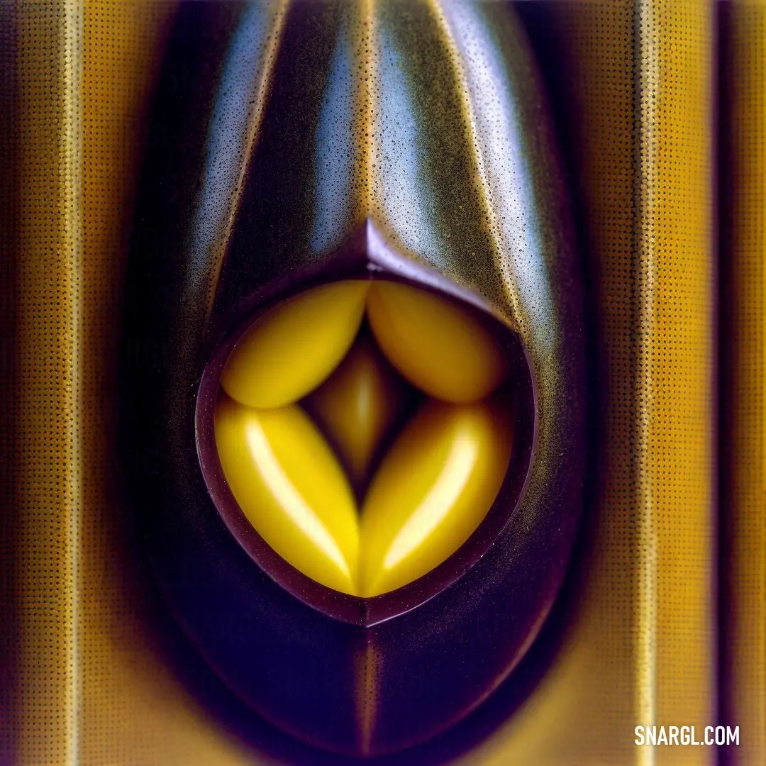 Close up of a banana in a vase with a yellow background. Color #B8860B.