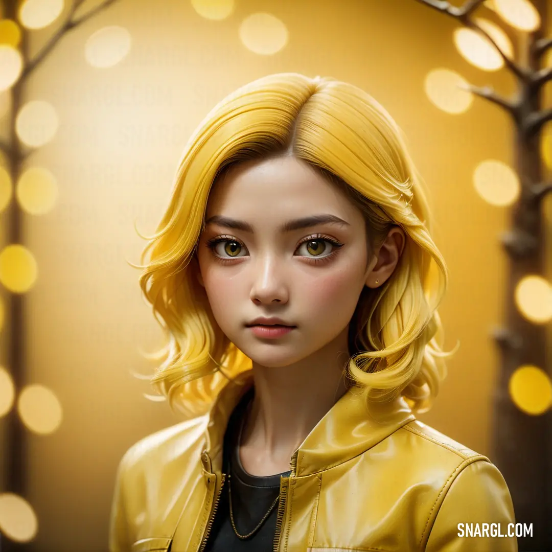 Dark goldenrod color example: Digital painting of a woman with blonde hair and a yellow jacket on,