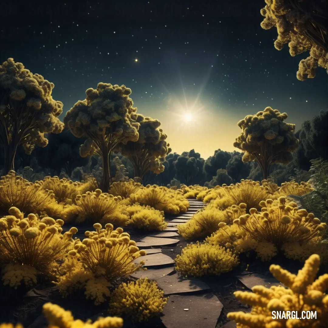 Pathway through a field of yellow bushes and trees at night with the sun shining through the trees and stars in the sky