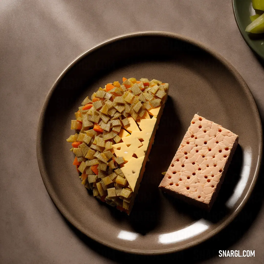 Plate with a piece of cheese and crackers on it next to a plate of pickles. Color #B8860B.