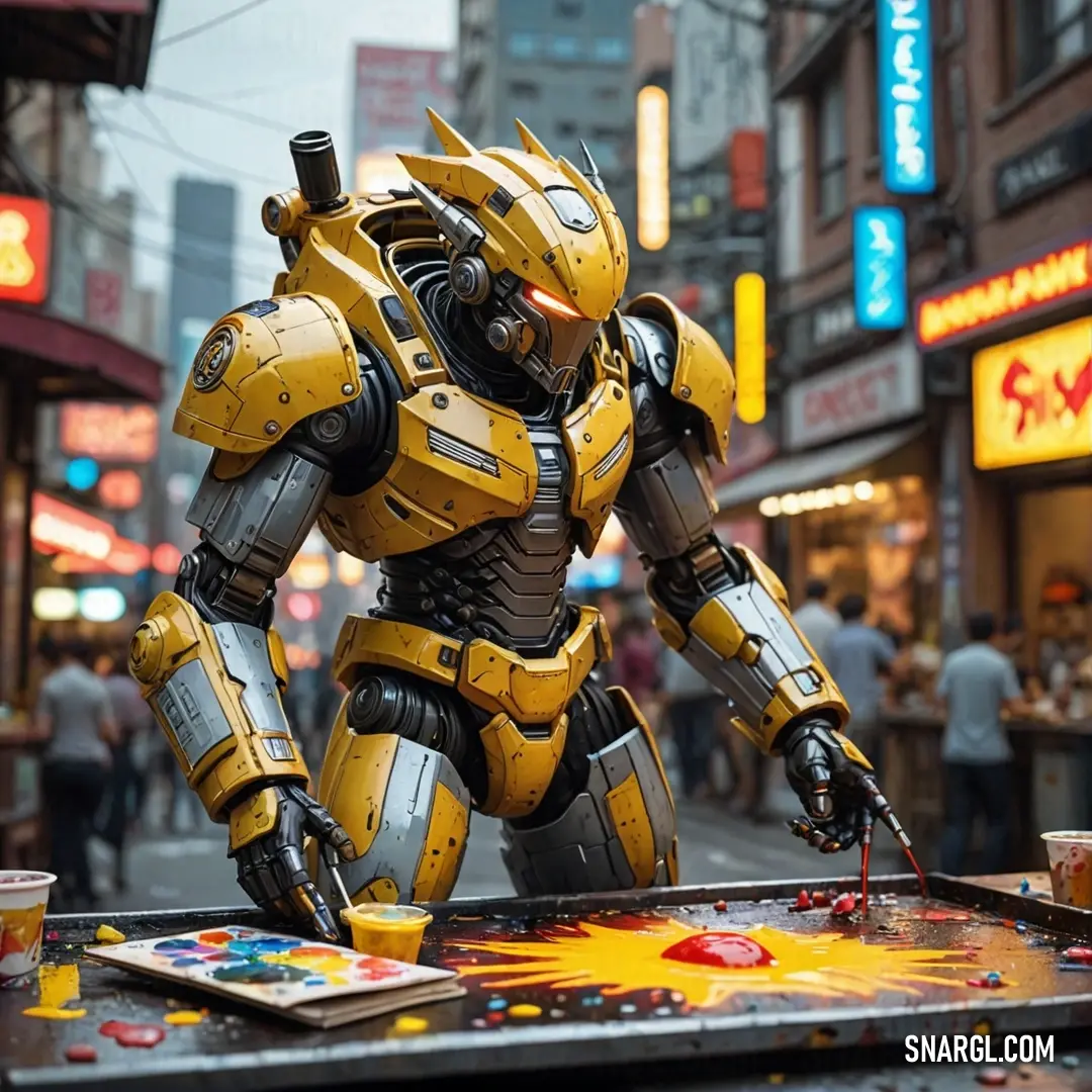 Robot that is standing on a table in the street with a paintbrush in its hand. Example of Dark goldenrod color.
