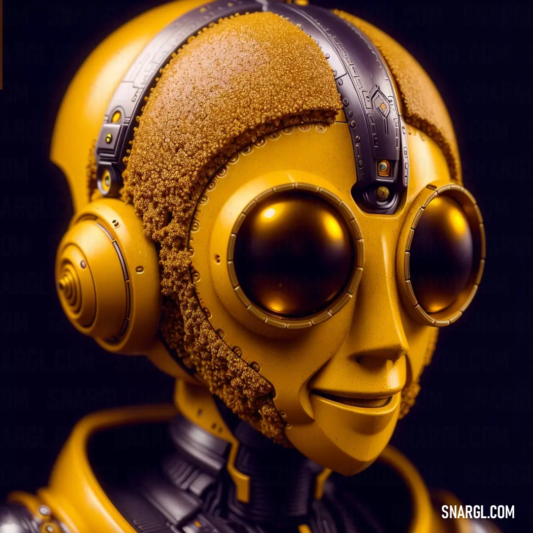 Robot with headphones and a yellow suit with a black background. Color Dark goldenrod.