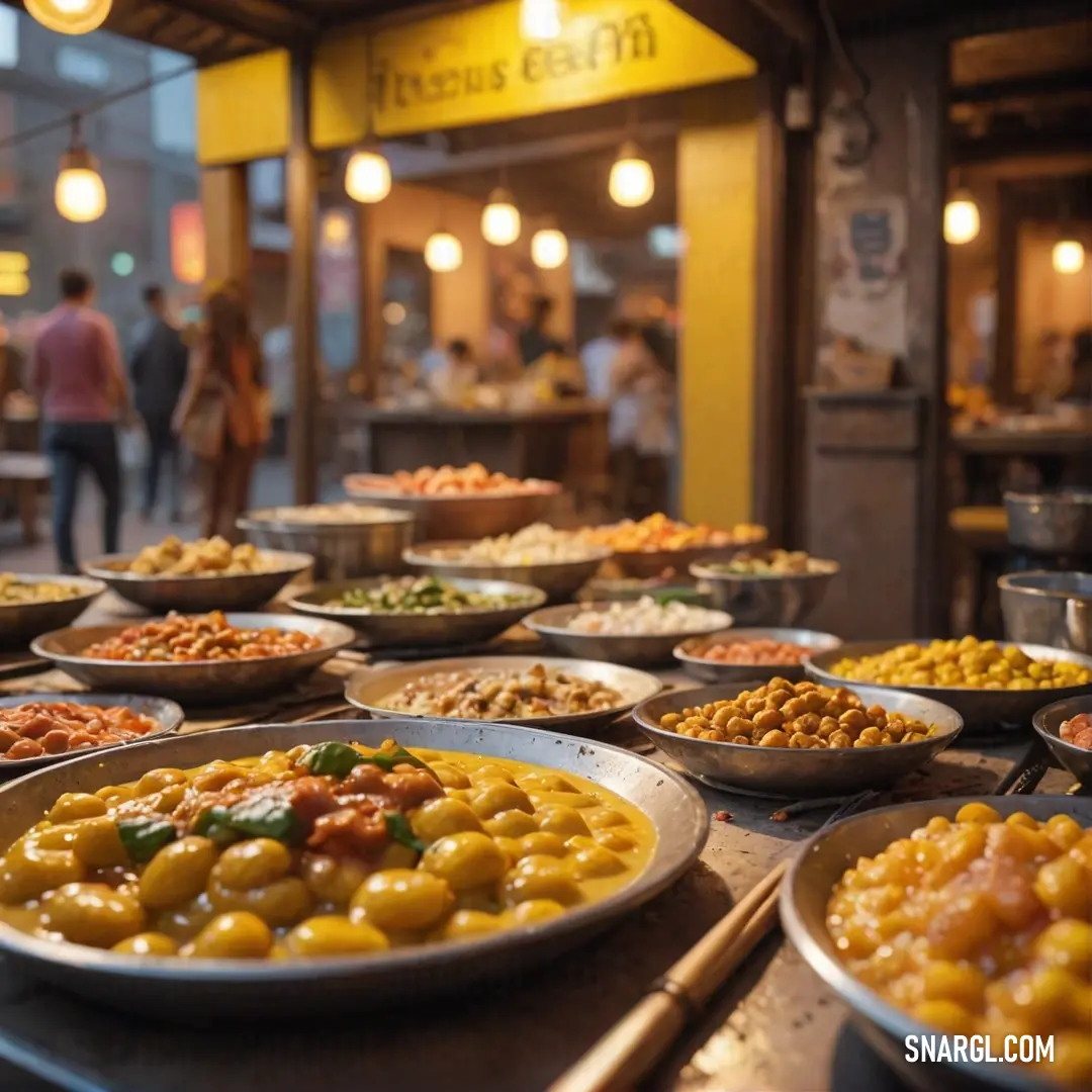 Dark goldenrod color example: Table full of plates of food on a street side stand at night time with people walking by in the background