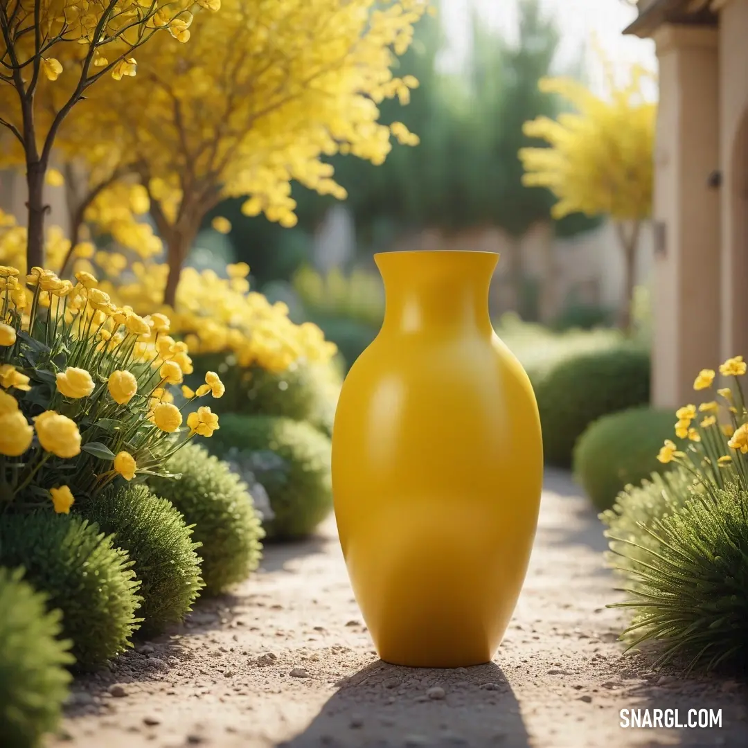 Yellow vase in the middle of a garden of flowers and trees. Color Dark goldenrod.
