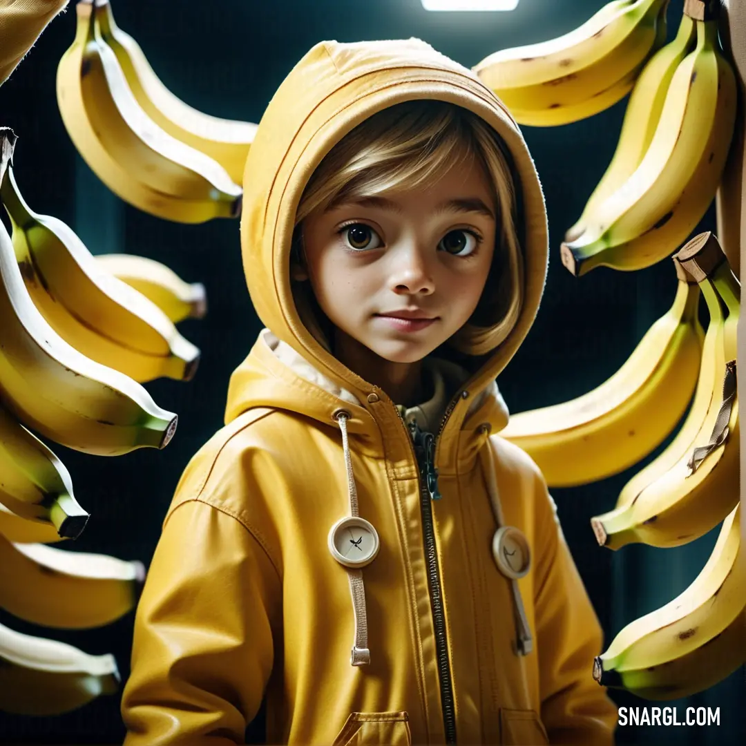 Dark goldenrod color example: Young girl in a yellow jacket standing in front of a bunch of bananas with a stethoscope on her head