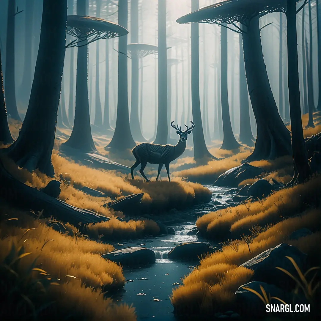 Deer standing in a forest next to a stream of water and trees with yellow grass on the ground. Example of Dark goldenrod color.