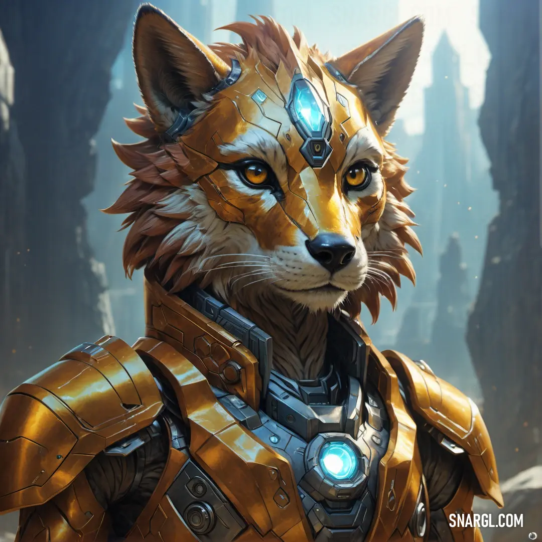 Fox with glowing eyes and a suit of armor on it's chest, standing in a city. Color #B8860B.