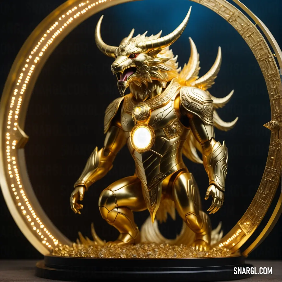 Gold statue of a demon with a light on it's face and a circular frame around it