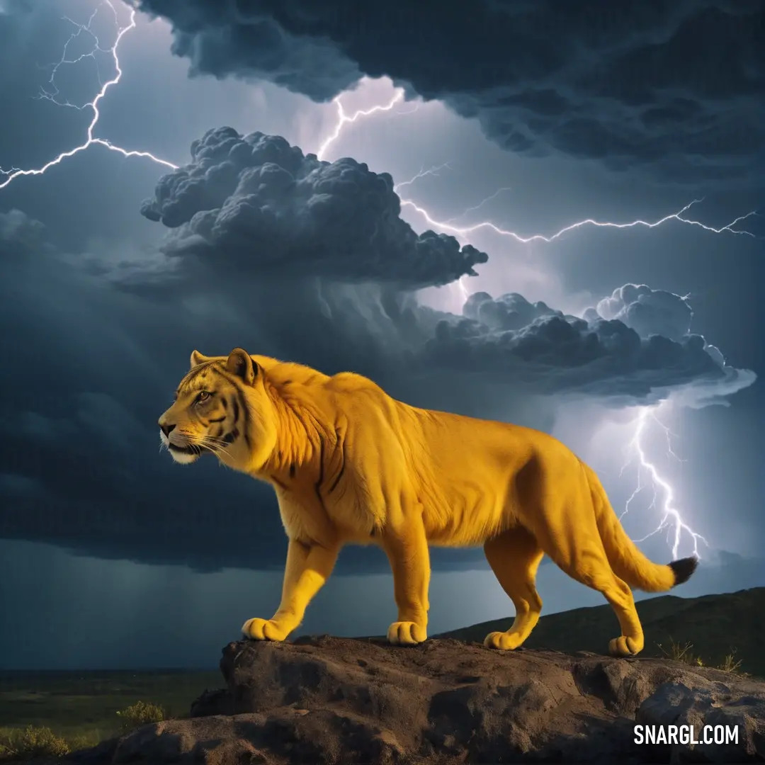 Large yellow tiger standing on top of a rock under a cloudy sky with lightning behind it. Example of #B8860B color.
