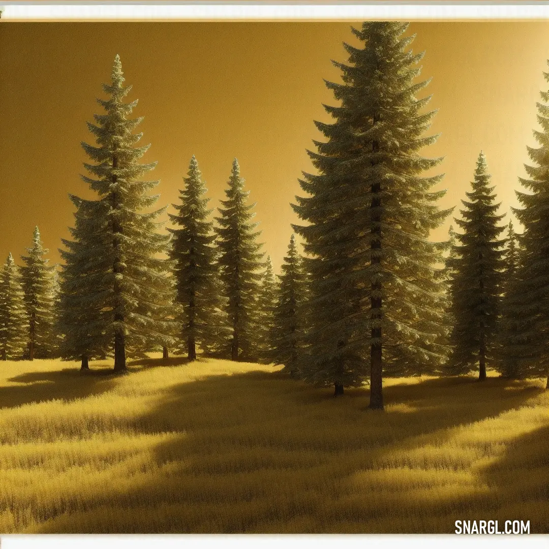 Dark goldenrod color. Painting of a field with trees and grass in the foreground