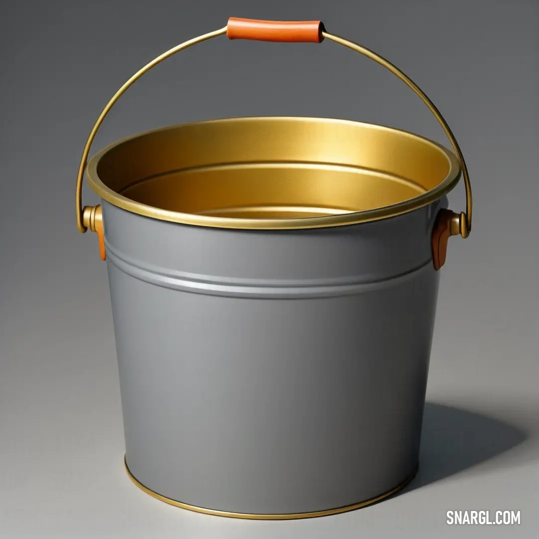 Silver bucket with a gold handle and a brown handle on the top of it. Example of RGB 184,134,11 color.