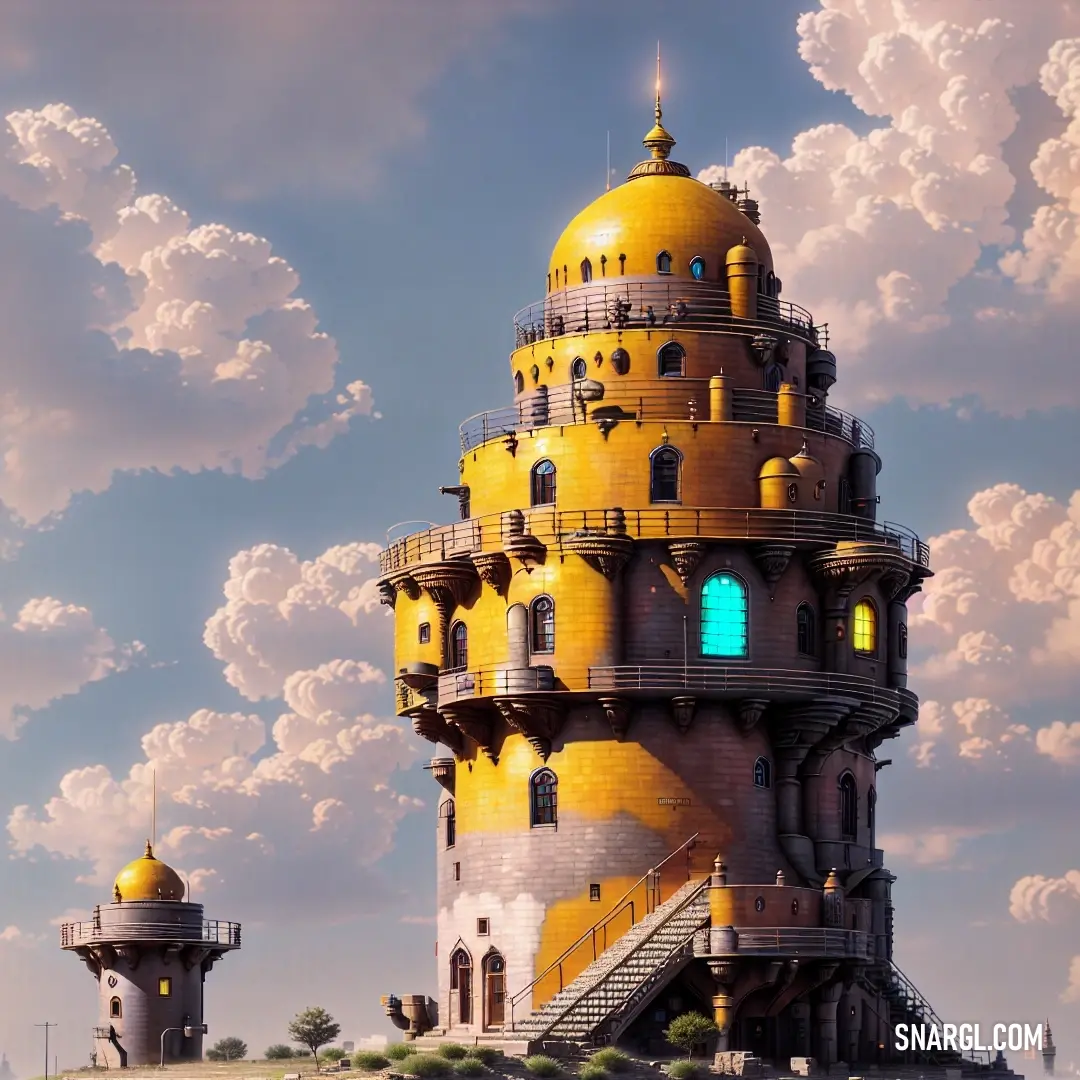 Yellow tower with a staircase leading to it and a sky background