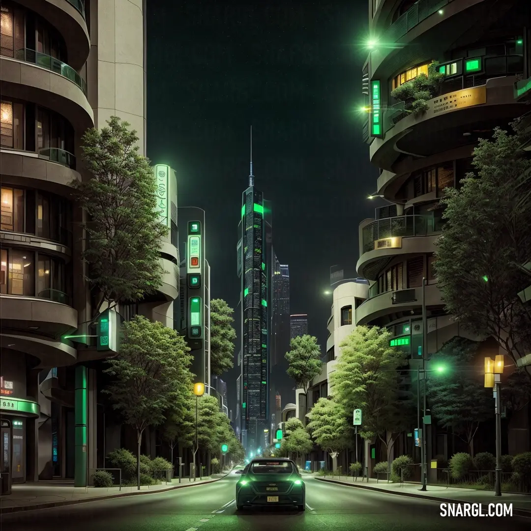 Car driving down a street at night in a city with tall buildings and green lights on the street