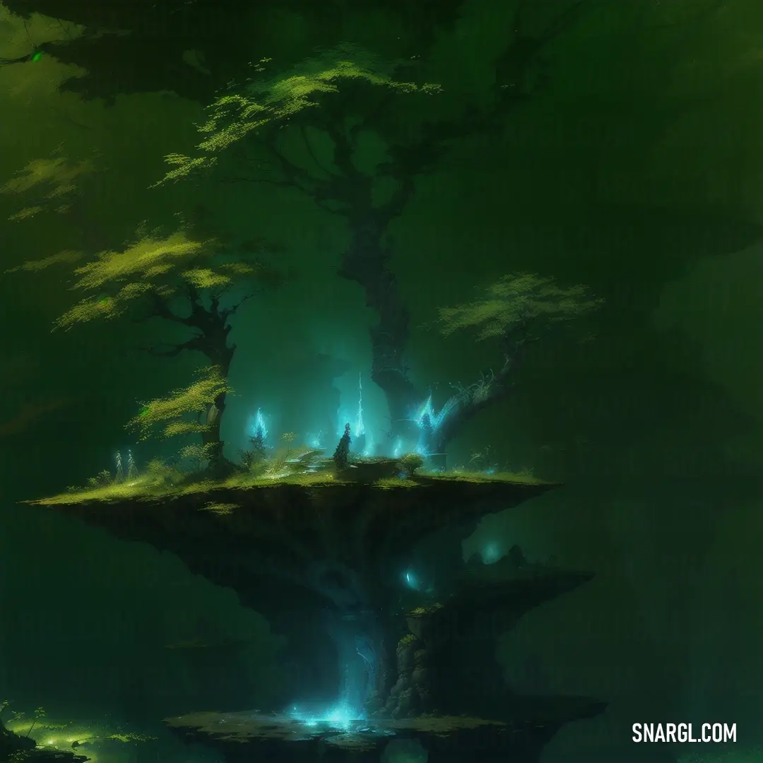 Digital painting of a tree with a waterfall in the middle of it and a light coming from the top of it