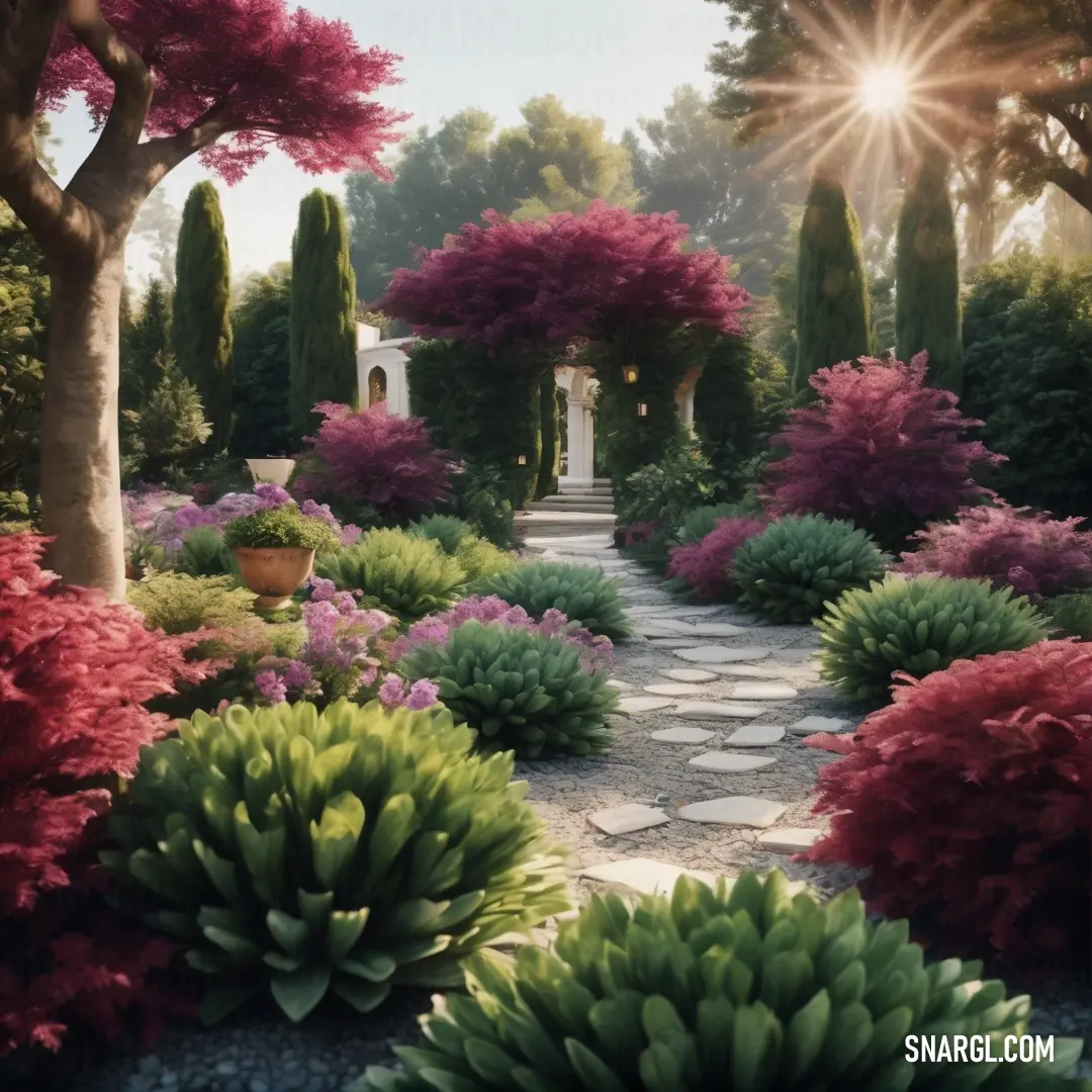 Garden with a path between trees and flowers in the middle of it. Example of #013220 color.