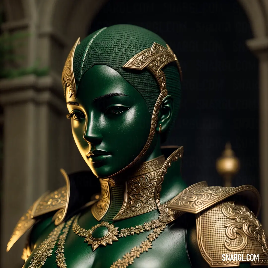 Green and gold costume is shown in this image
