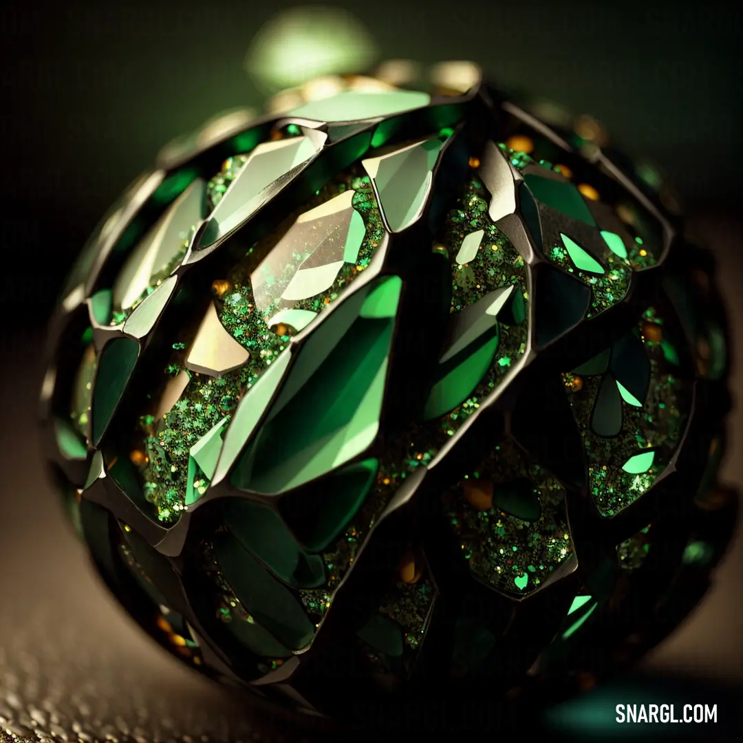 Green diamond ball with green and gold jewels on it's surface