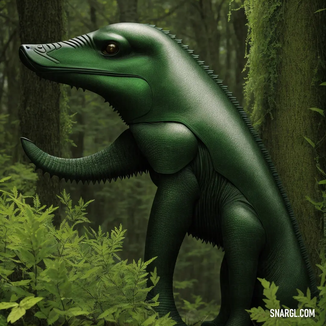 Green dinosaur standing in the middle of a forest with trees and ferns around it's neck and head