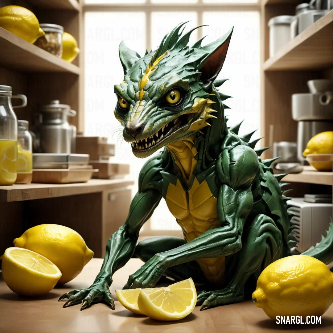 Green dragon statue on a counter next to lemons and lemonade bottles in a kitchen area. Color RGB 1,50,32.