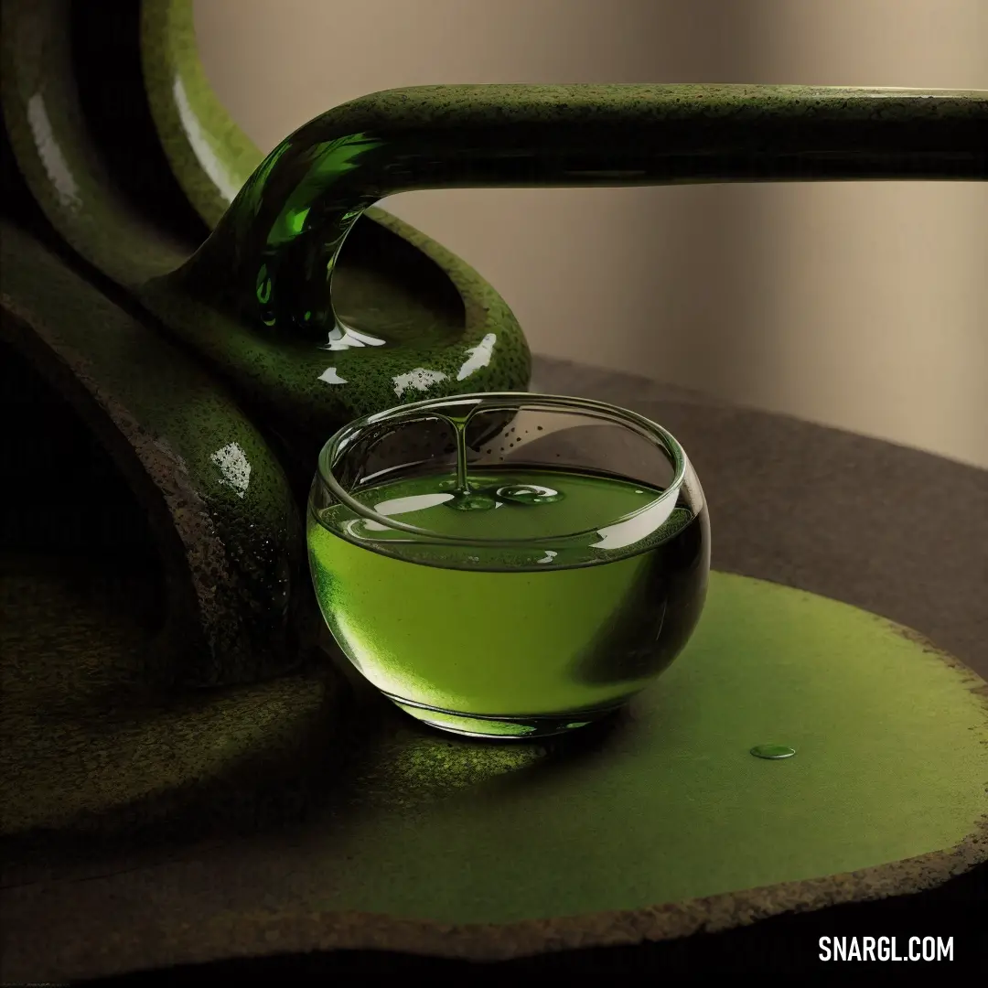 Green liquid in a glass on a green chair with a green handle