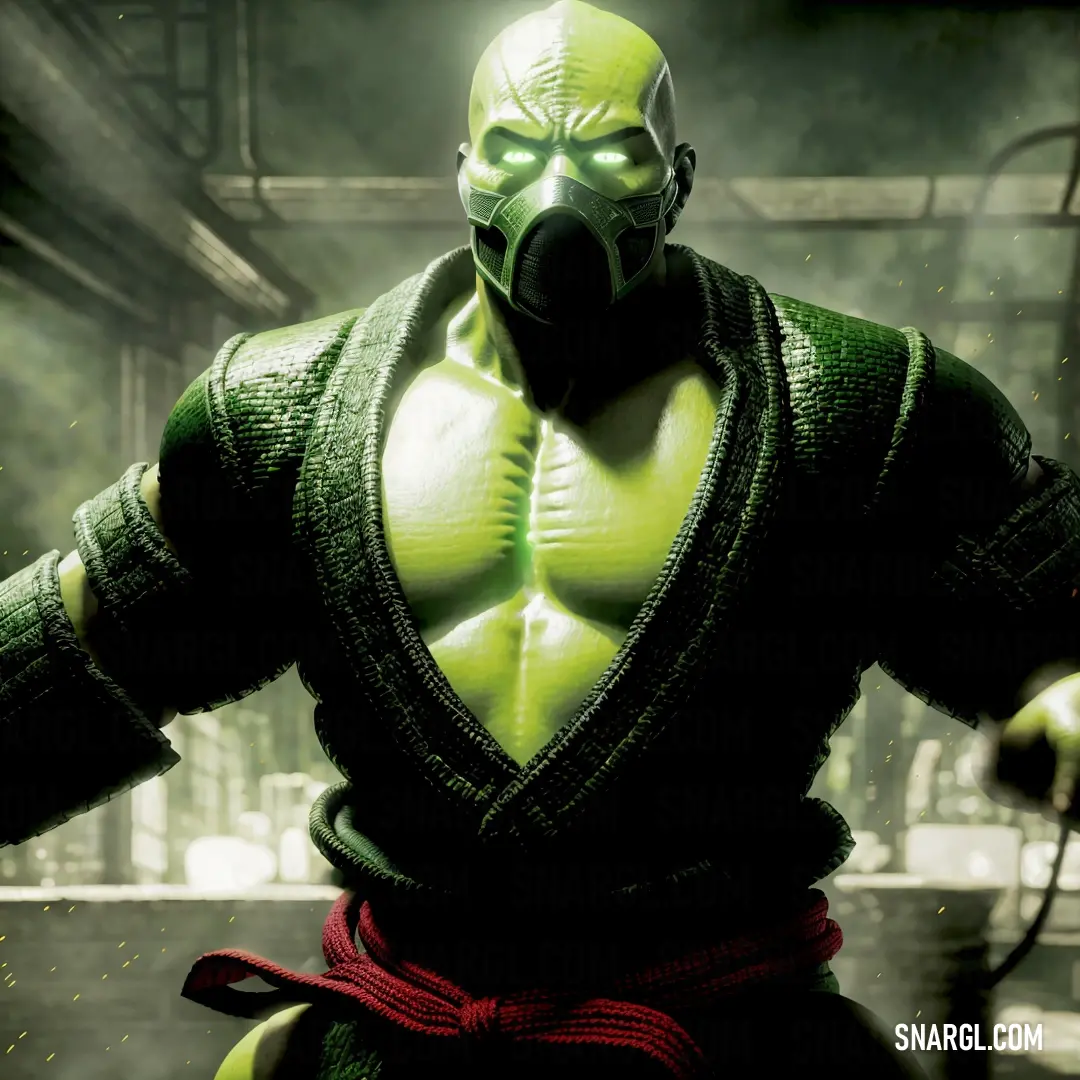 Green man with a black mask and a red belt around his waist