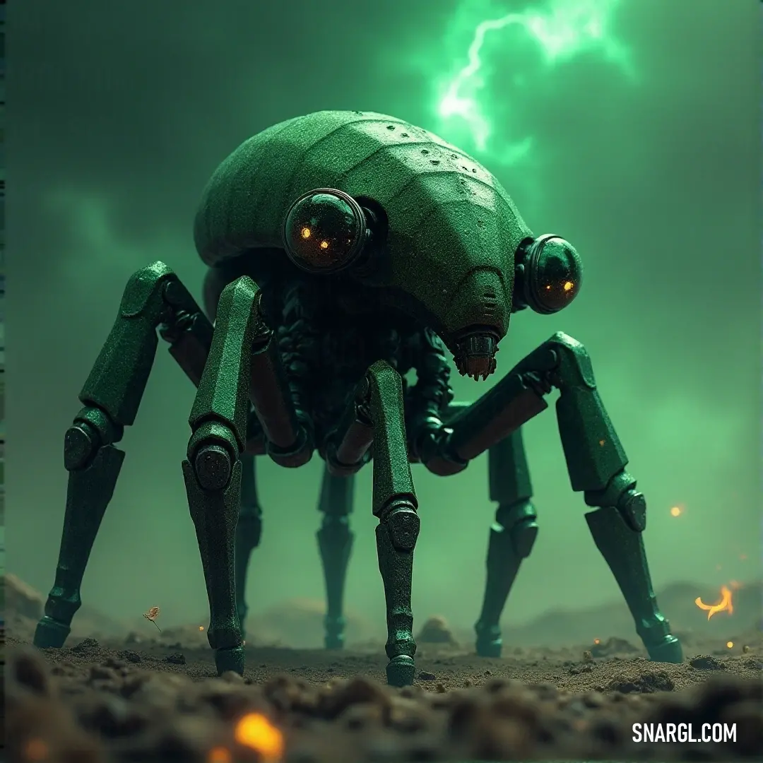 Green robot with two eyes and a head on its legs standing in the dirt with a lightning in the background. Color Dark green.