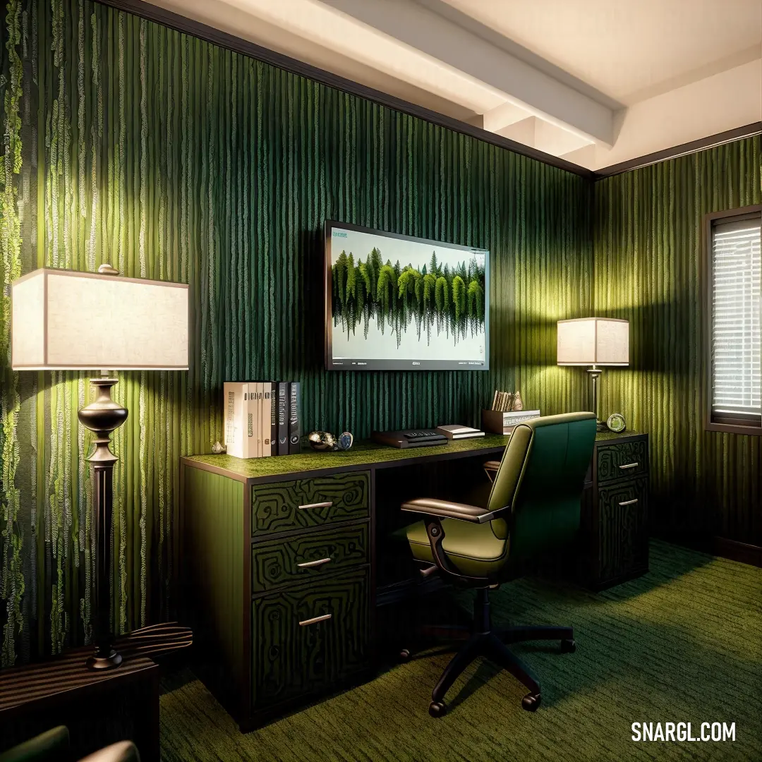 Green room with a desk and chair and a painting on the wall above it and a lamp on the desk. Color CMYK 98,0,36,80.