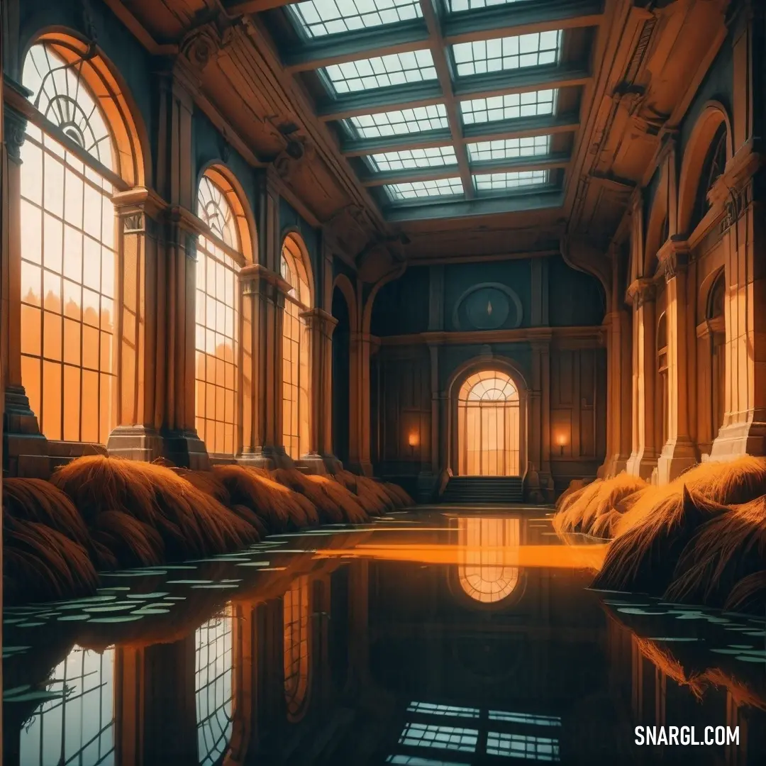 Large room with a lot of windows and a reflection of the water in the floor and the walls. Color RGB 1,50,32.