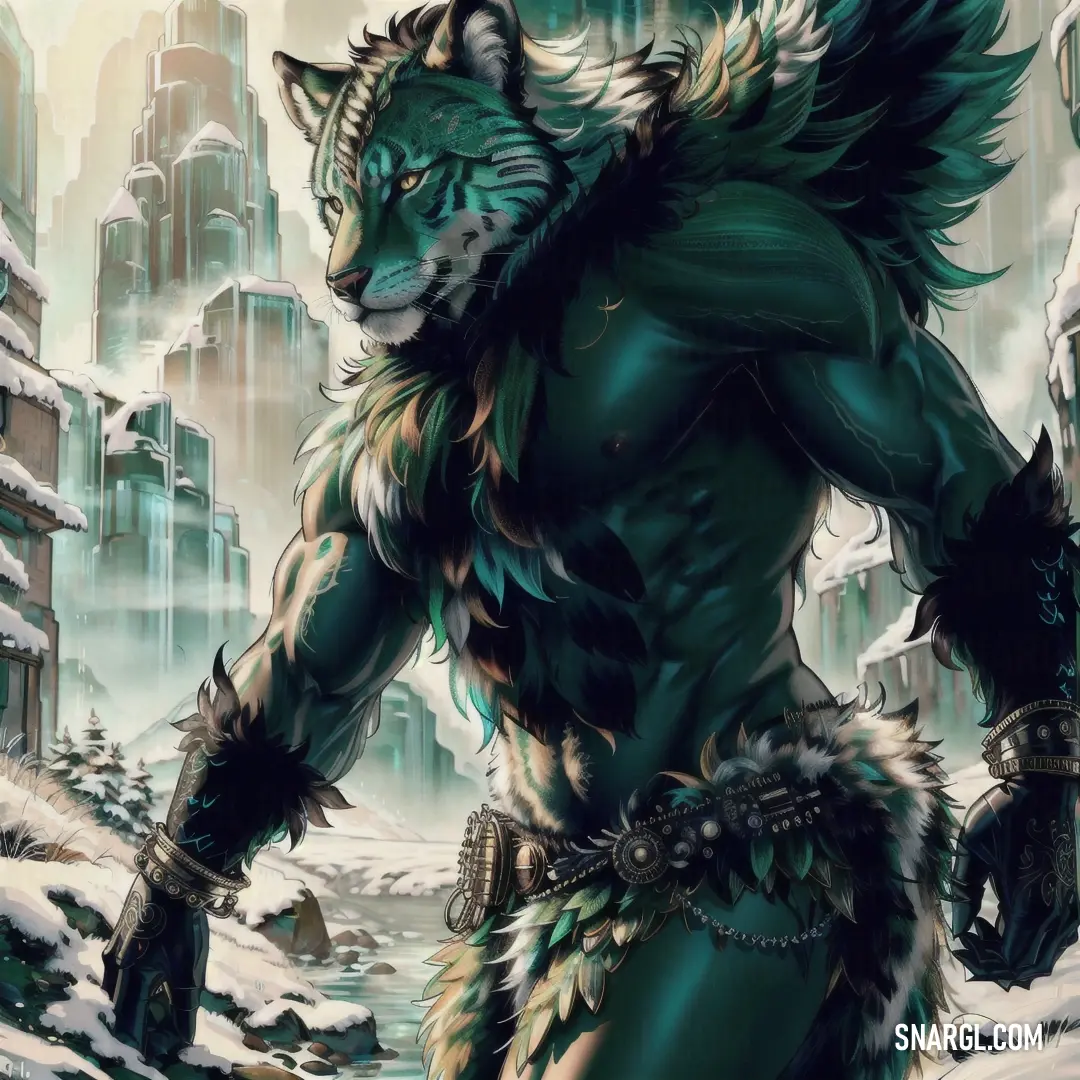 Man in a green costume with a wolf like outfit on his body and a wolf like head and tail