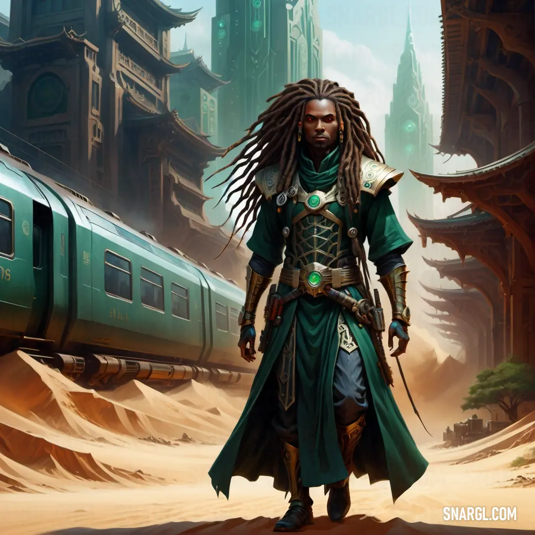 Man with dreadlocks and a green outfit is walking in front of a train in a desert. Example of RGB 1,50,32 color.