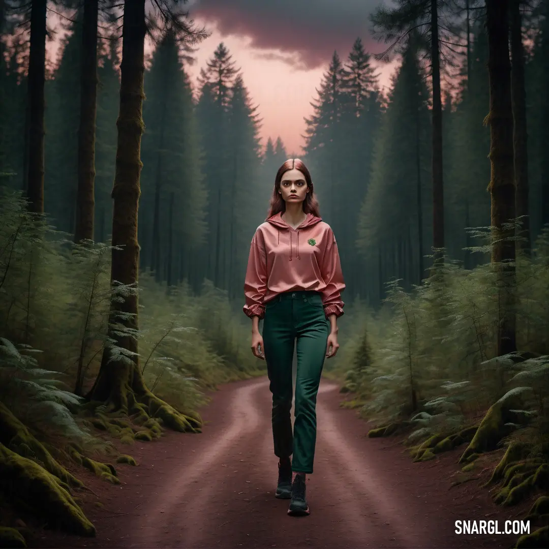 Woman walking down a dirt road in a forest at sunset with a pink sky in the background and a forest with tall trees