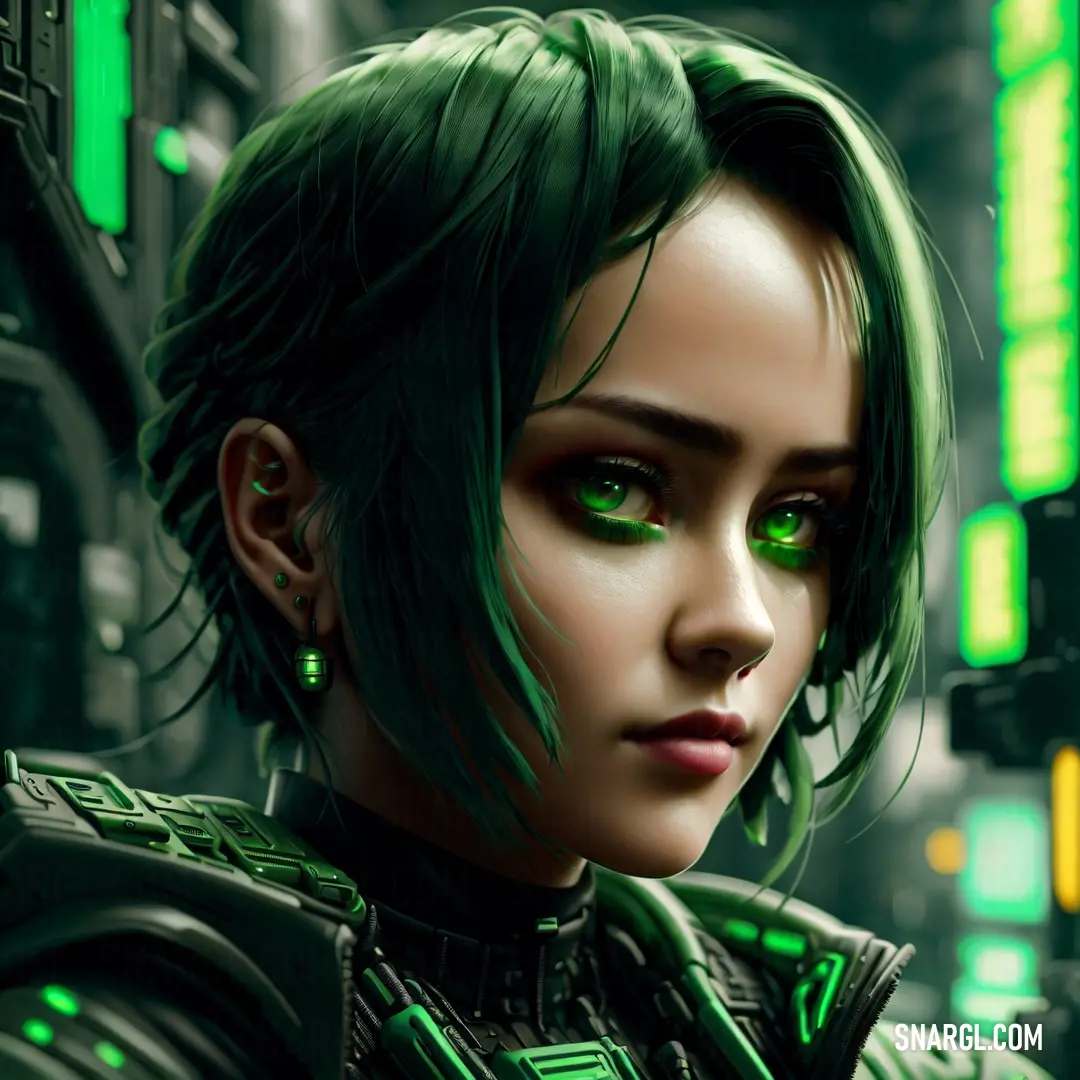 Woman with green hair  in a futuristic city setting with neon lights on her face
