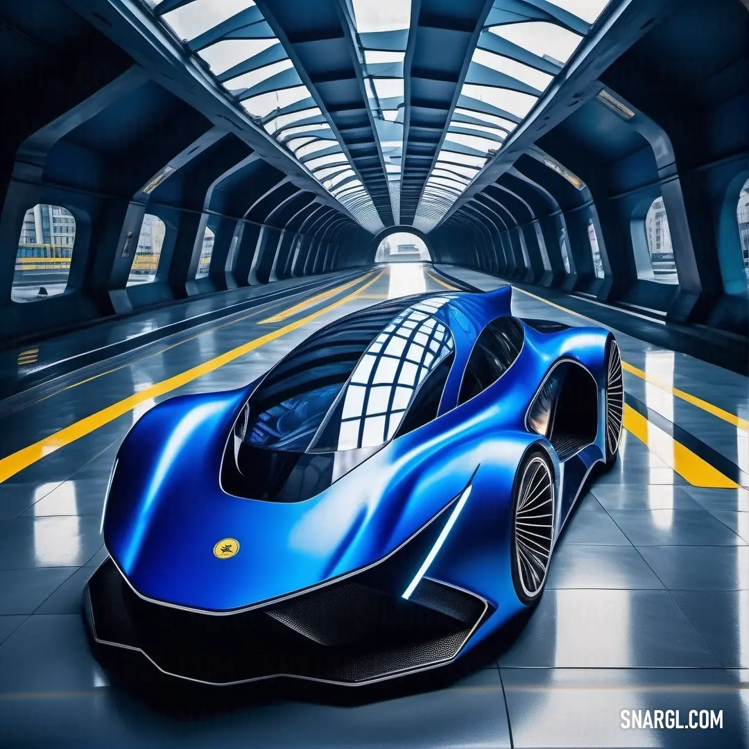 Blue car is parked in a tunnel with yellow lines on the floor and a skylight above it. Color RGB 9,31,146.