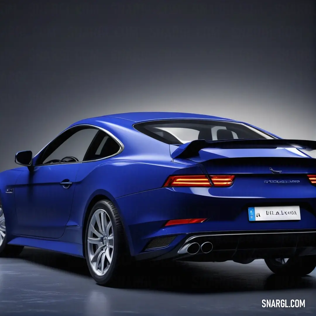 Blue sports car is shown in a studio setting with a black background. Color #091F92.