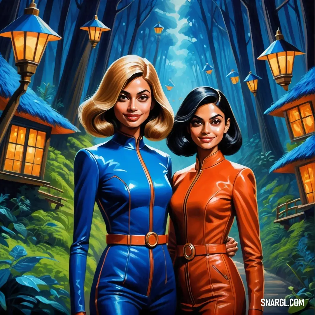 Two women in blue and orange outfits standing next to each other in front of a forest with a house. Example of #091F92 color.