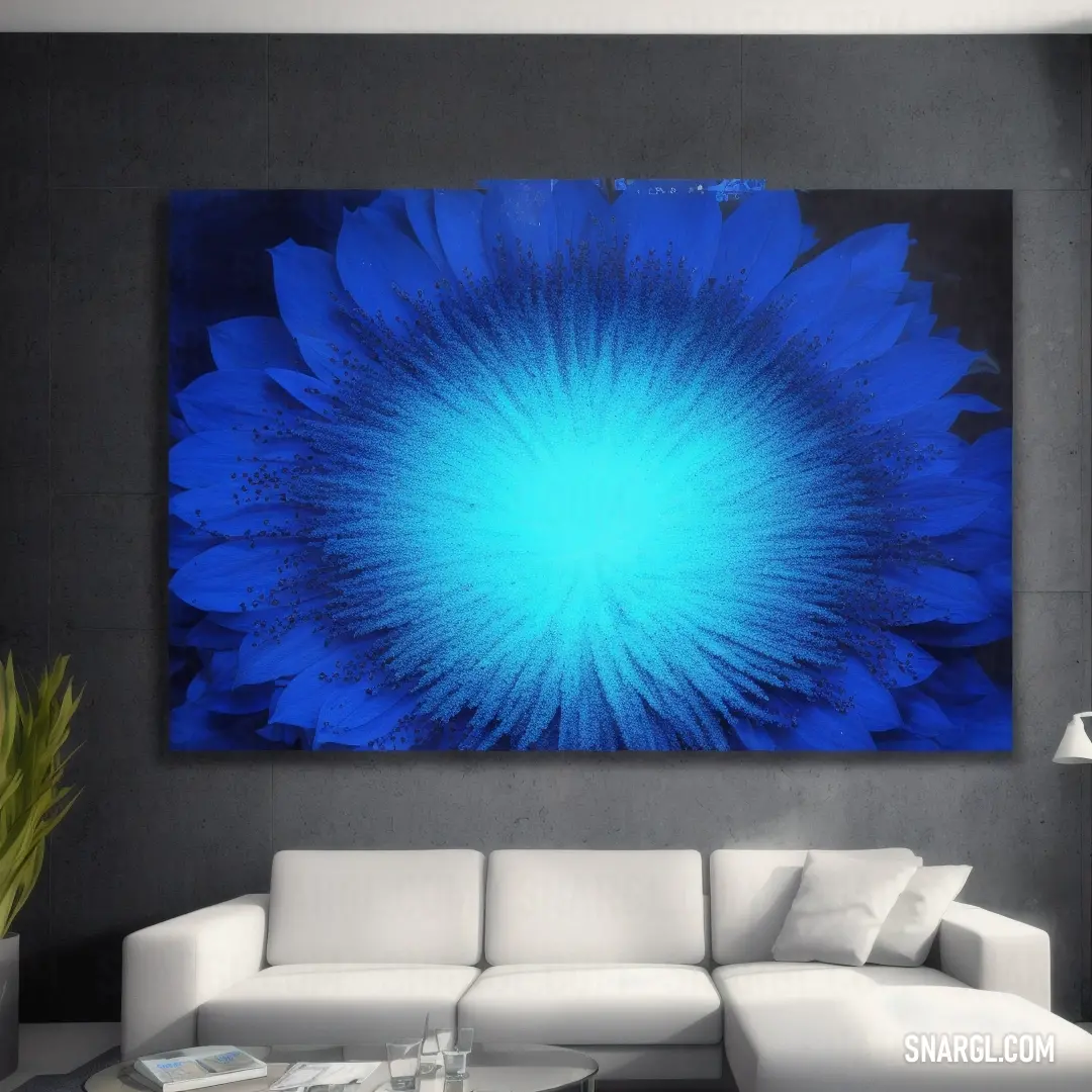 What color is CMYK 94,79,0,43? Example - Living room with a large blue flower on the wall and a white couch in front of it