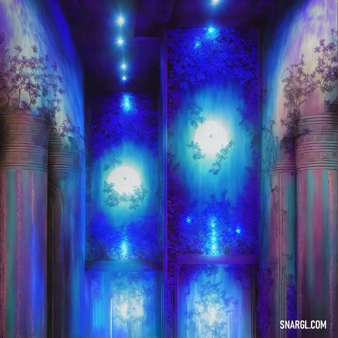 Room with a lot of columns and lights on it's walls and a blue light shining through the windows. Example of CMYK 94,79,0,43 color.
