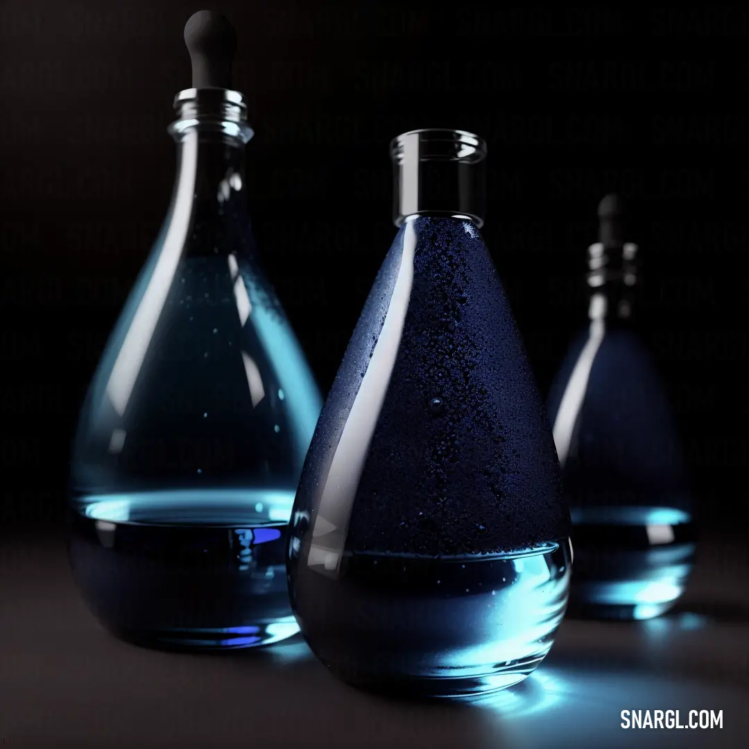 Three bottles with blue liquid in them on a table top with a black background and a blue light shining on the bottom. Color RGB 9,31,146.
