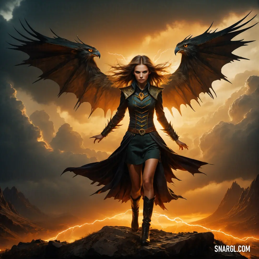 Woman with wings on her back standing on a rock in front of a sunset and lightning sky with a bird on her shoulder