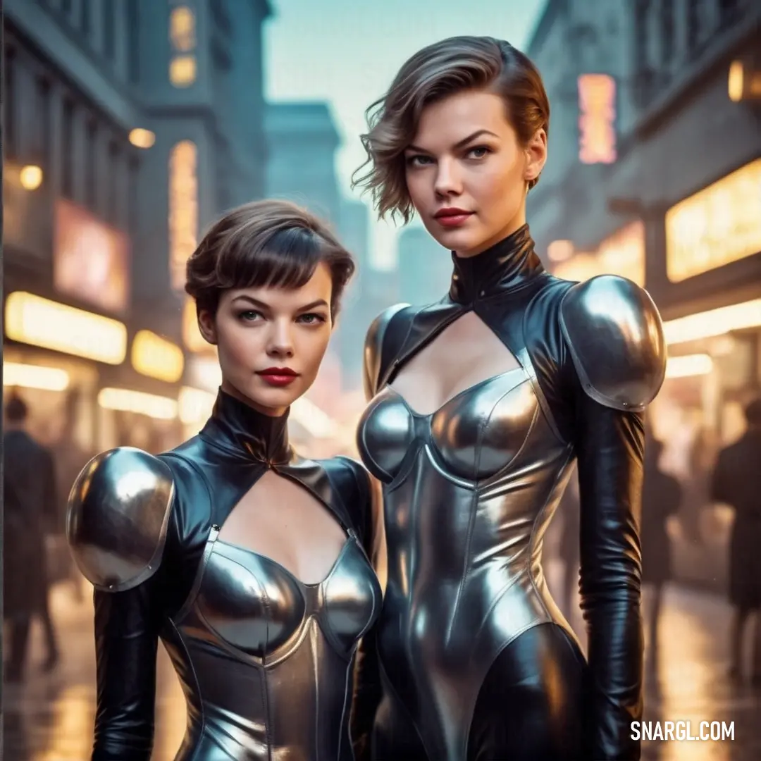 Two women in metallic outfits standing in the street at night time. Example of RGB 26,36,33 color.