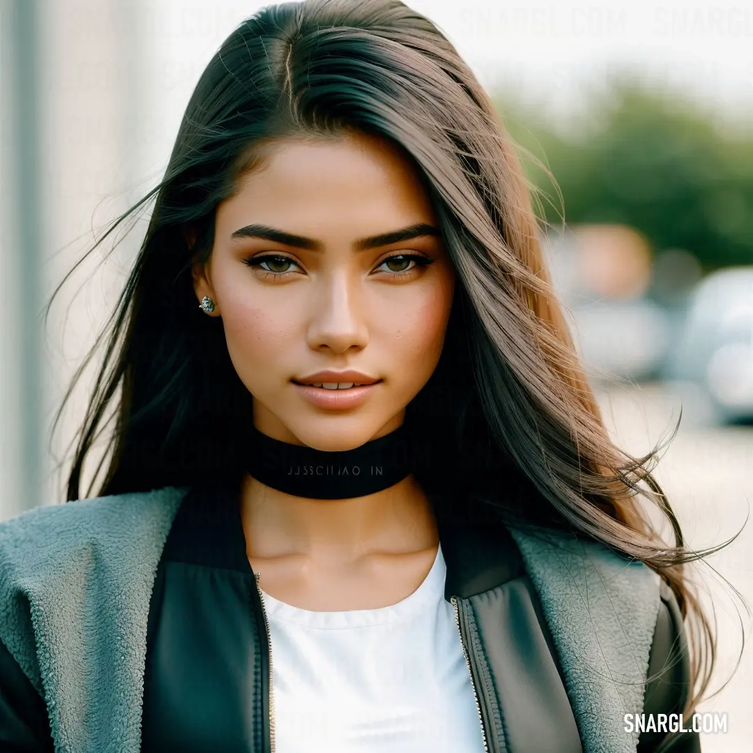 Woman with long hair wearing a black jacket and white shirt and a black choker necklace. Example of #1A2421 color.